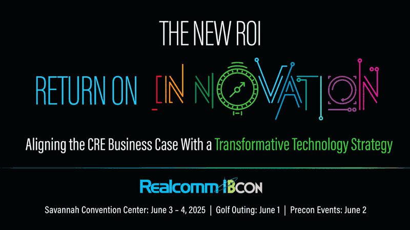 A moving gif graphic of gears moving in the word Innovation to promote the Realcomm IBcon 2025 Conference about CRE Business Case with Technology Strategy